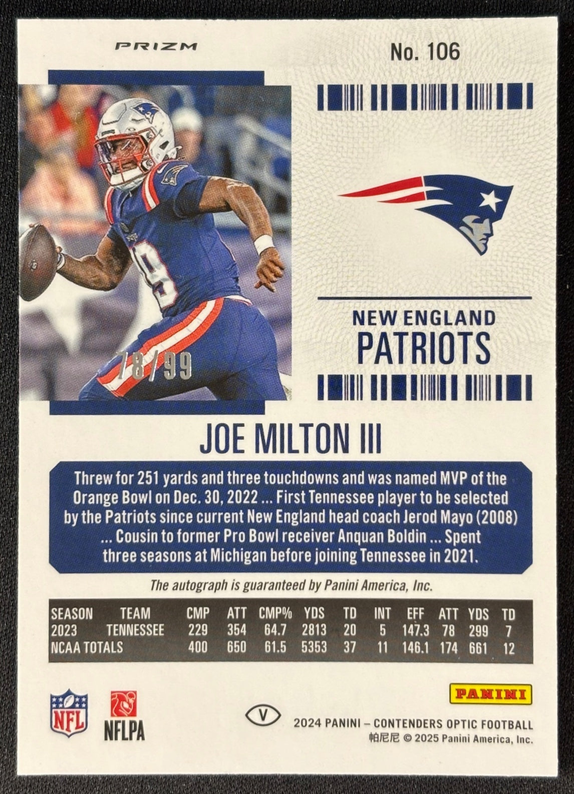 Back of Joe Milton III 2024 Contenders Optic Rookie Ticket RPS Auto Red Prizm /99 sports trading card