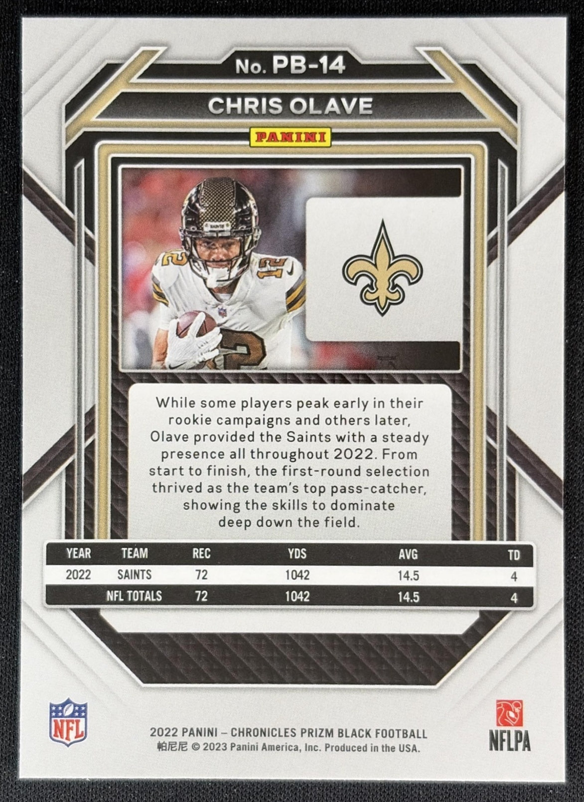 Chris Olave 2022 Panini Chronicles Prizm Black Saints Back