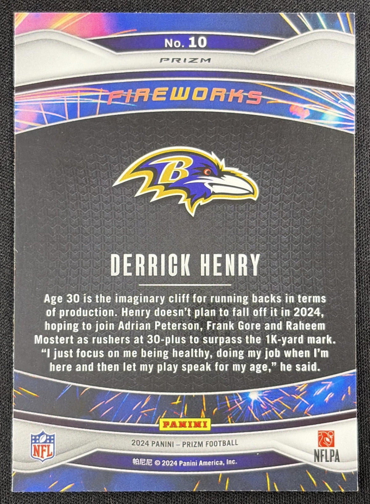 Derrick Henry 2024 Panini Prizm Fireworks No Huddle Ravens