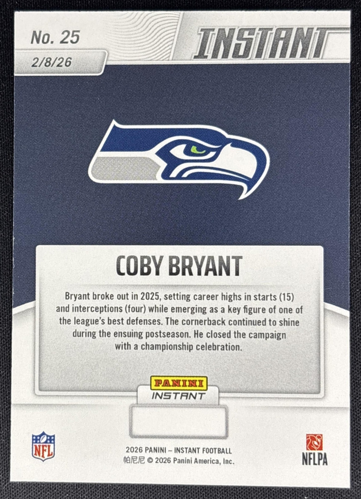 Coby Bryant 2026 Panini Instant Super Bowl LIX Champions Seattle Seahawks