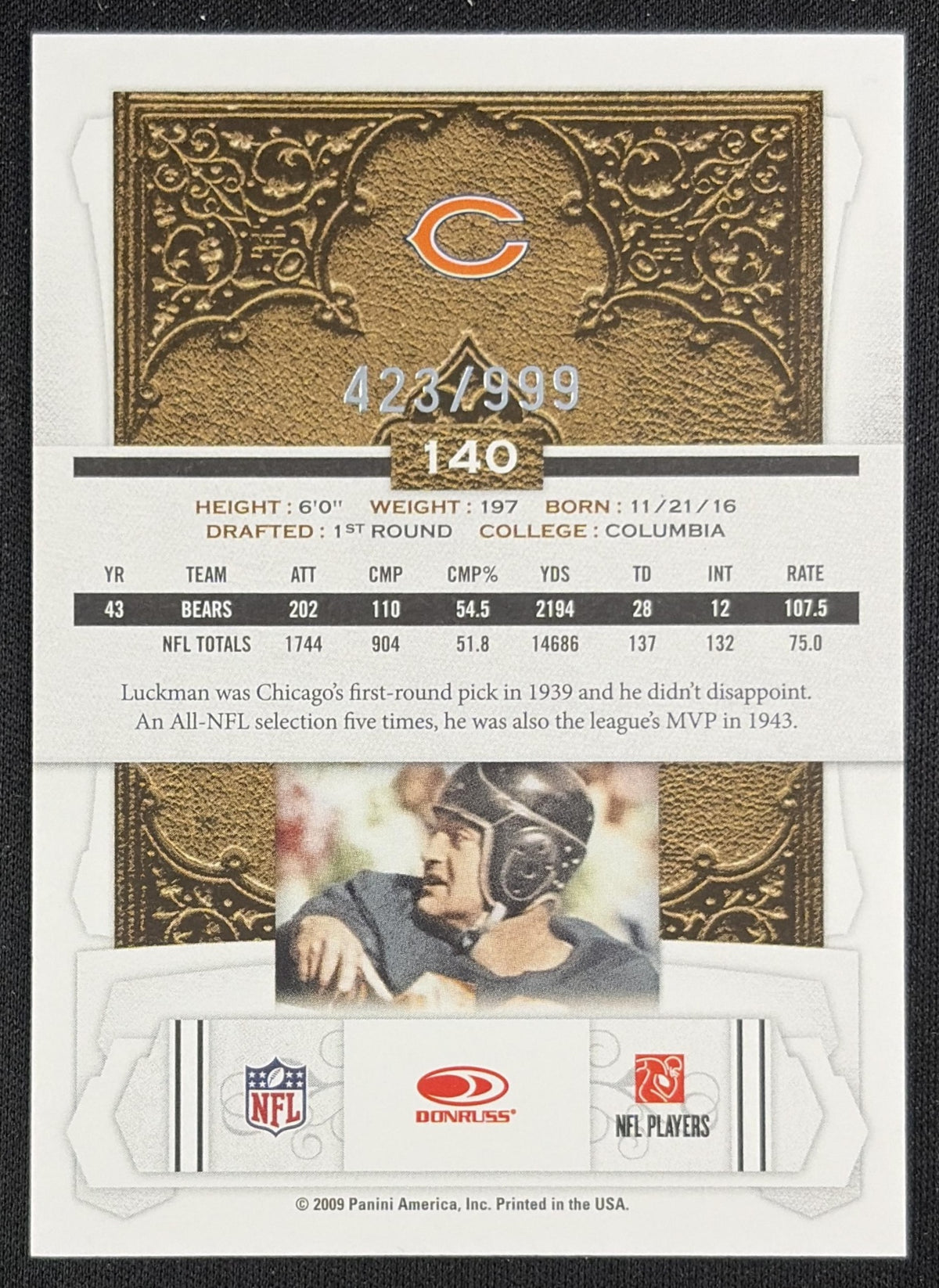 Sid Luckman 2009 Panini Donruss Classics /999 Chicago Bears