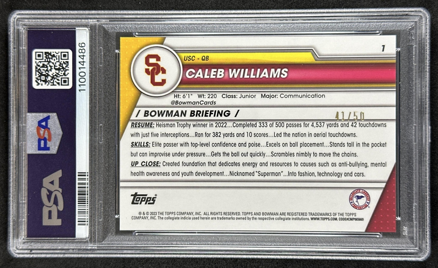 Caleb Williams 2023 Bowman University Chrome Gold Refractor /50 PSA 10