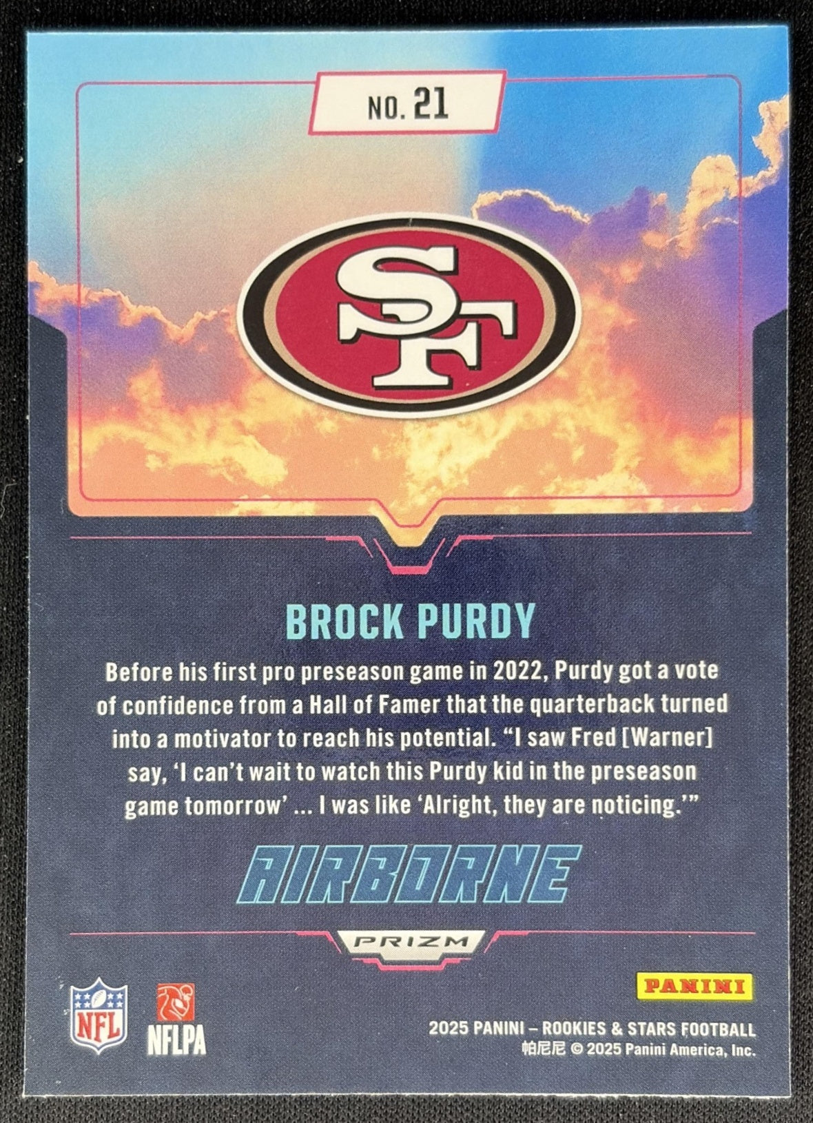 Brock Purdy 2025 Panini Rookies & Stars Airborne Blue Plaid 49ers back