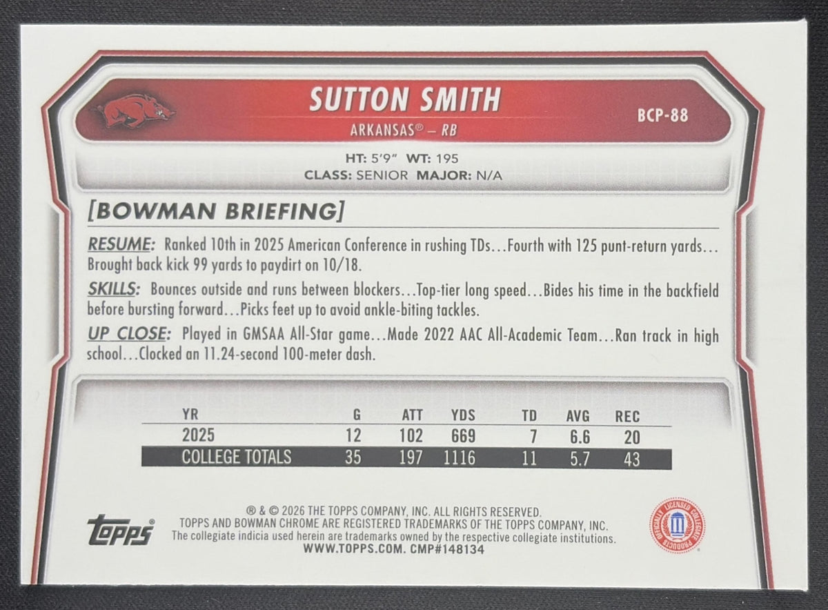 Sutton Smith 2026 Bowman Chrome Prospects Speckle Refractor Razorbacks