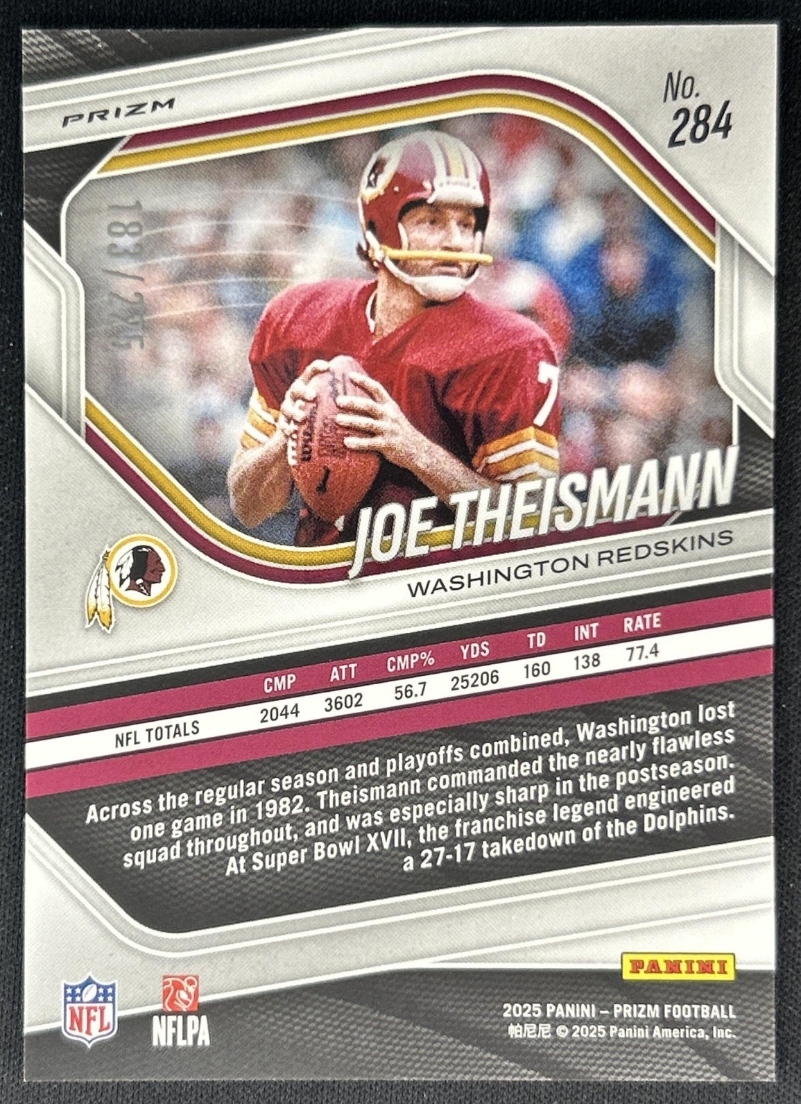Joe Theismann 2025 Panini Prizm Purple Ice /225 Redskins