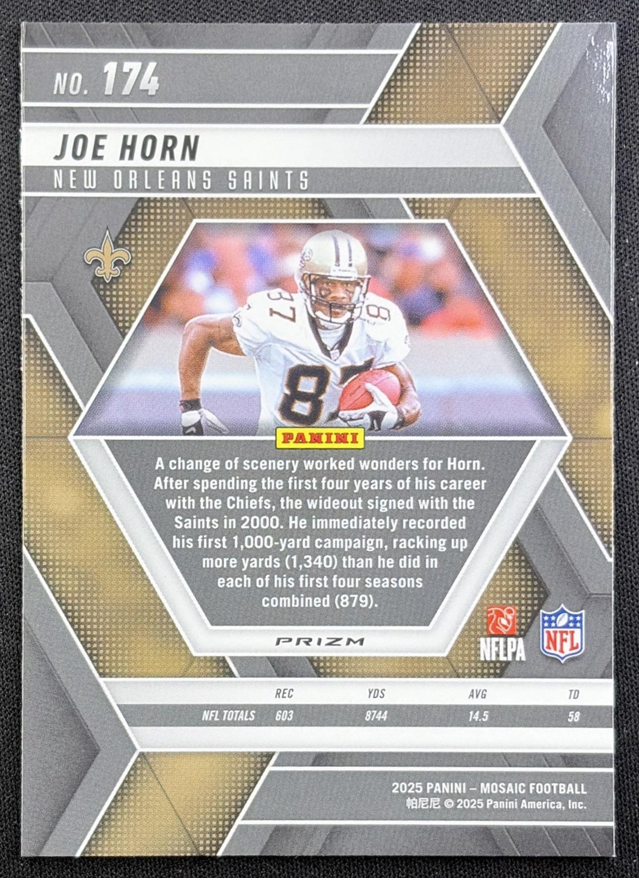 Joe Horn 2025 Panini Mosaic Silver Prizm Saints back