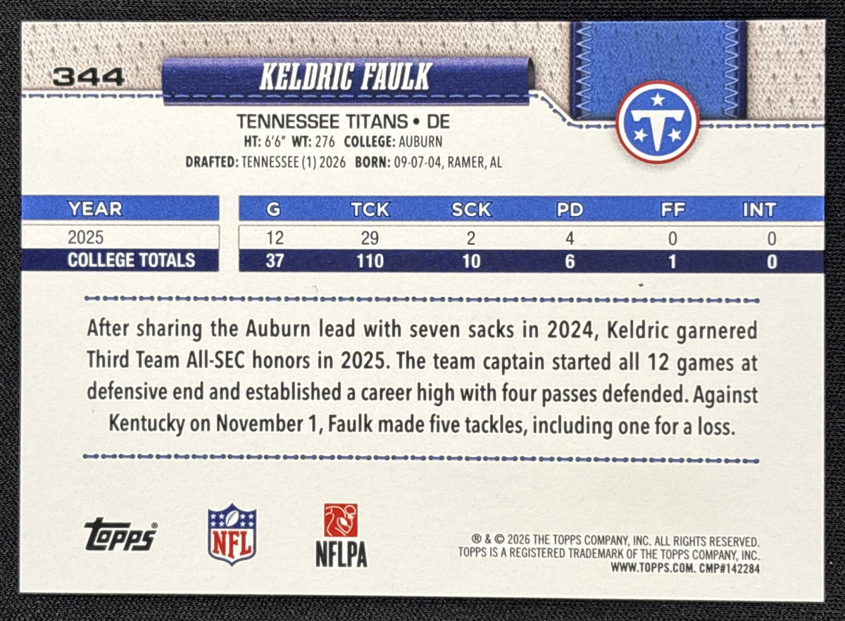 Keldric Faulk 2026 Topps Pink Diamante Foil Titans Sports Trading Card