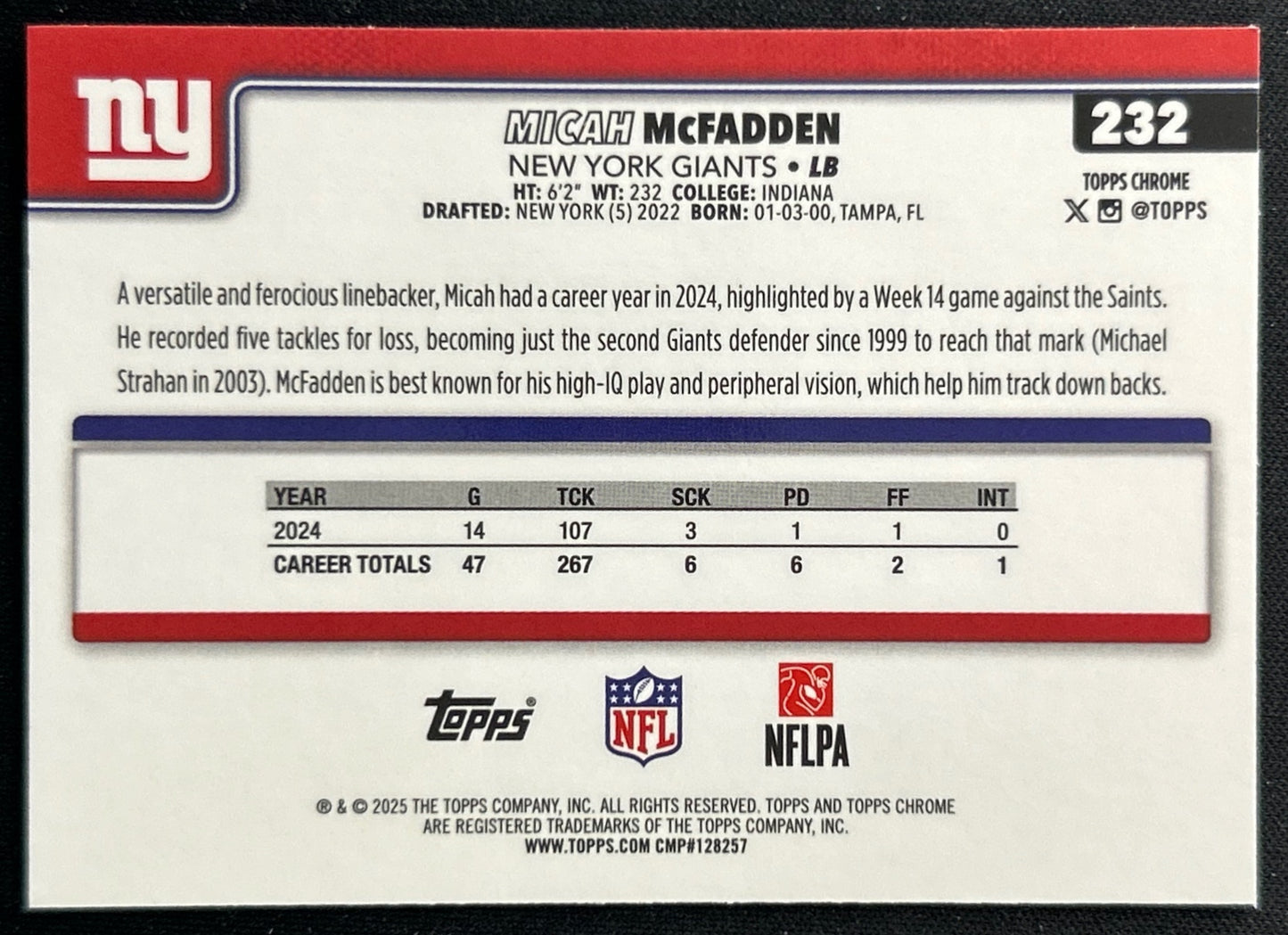 Micah McFadden 2025 Topps Chrome Giants Sports Trading Cards
