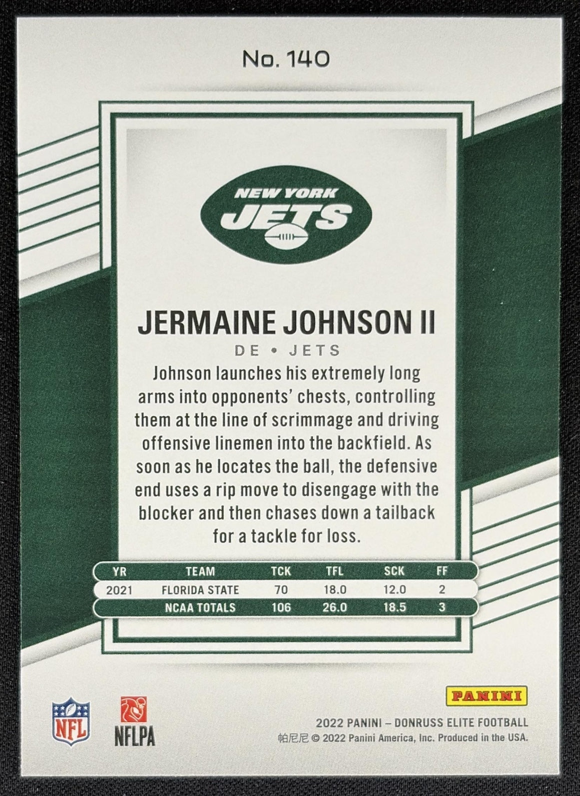 Jermaine Johnson II 2022 Panini Donruss Elite /999 Jets