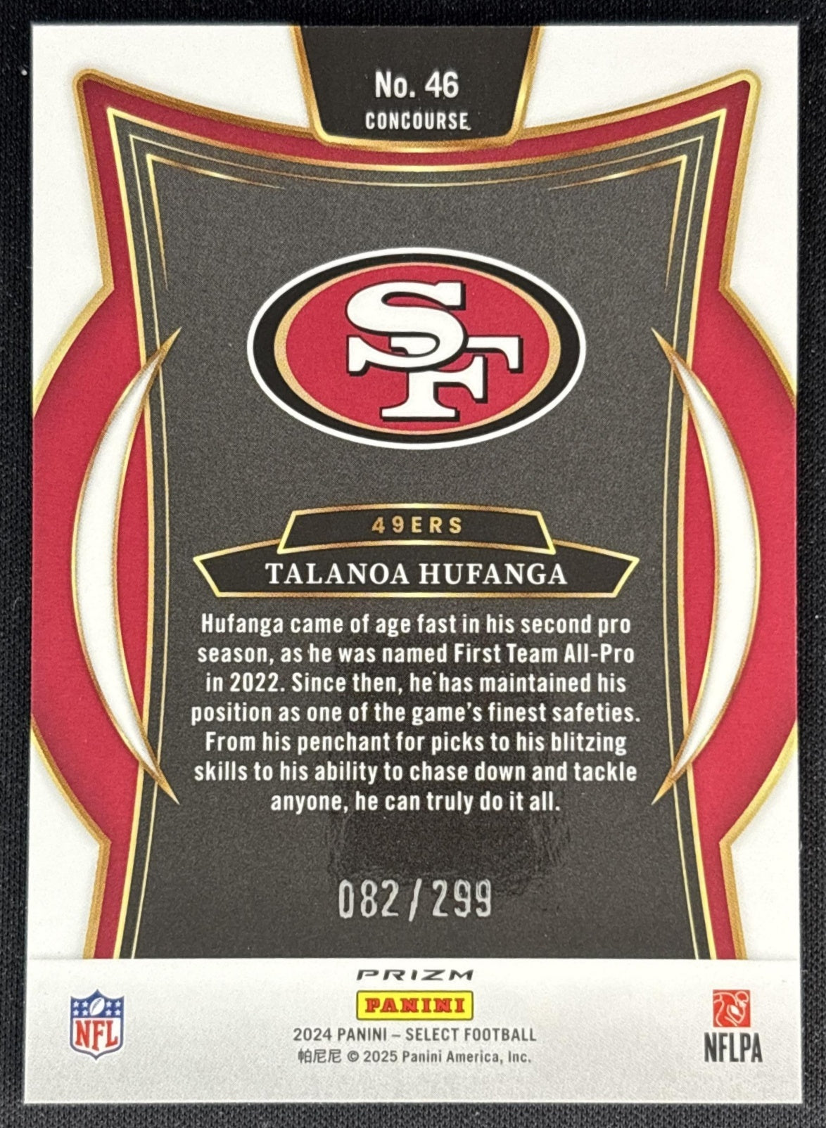 Talanoa Hufanga 2024 Panini Select Concourse Tri-Color Prizm /299 49ers back