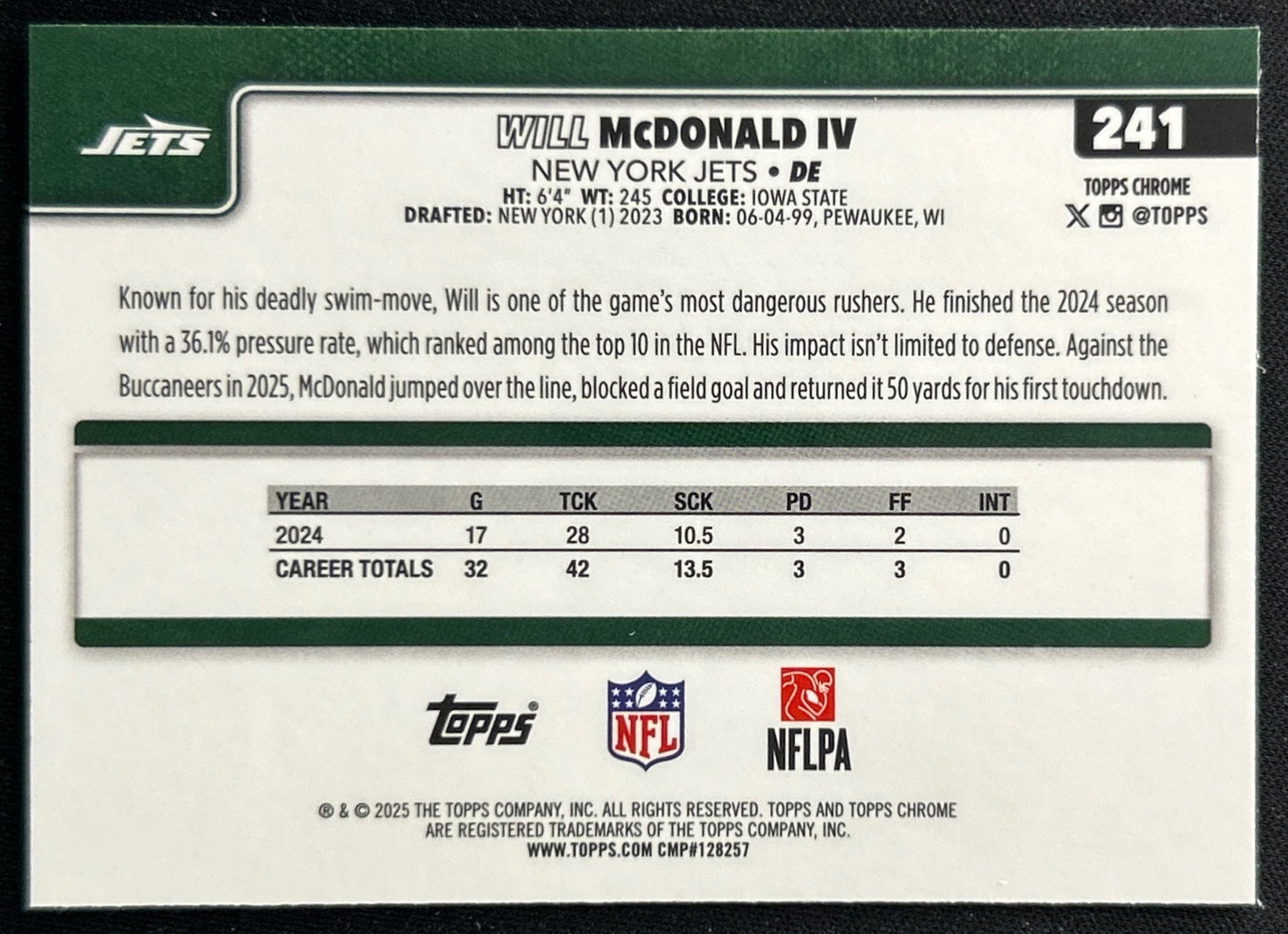 Will McDonald IV 2025 Topps Chrome Jets Sports Trading Cards