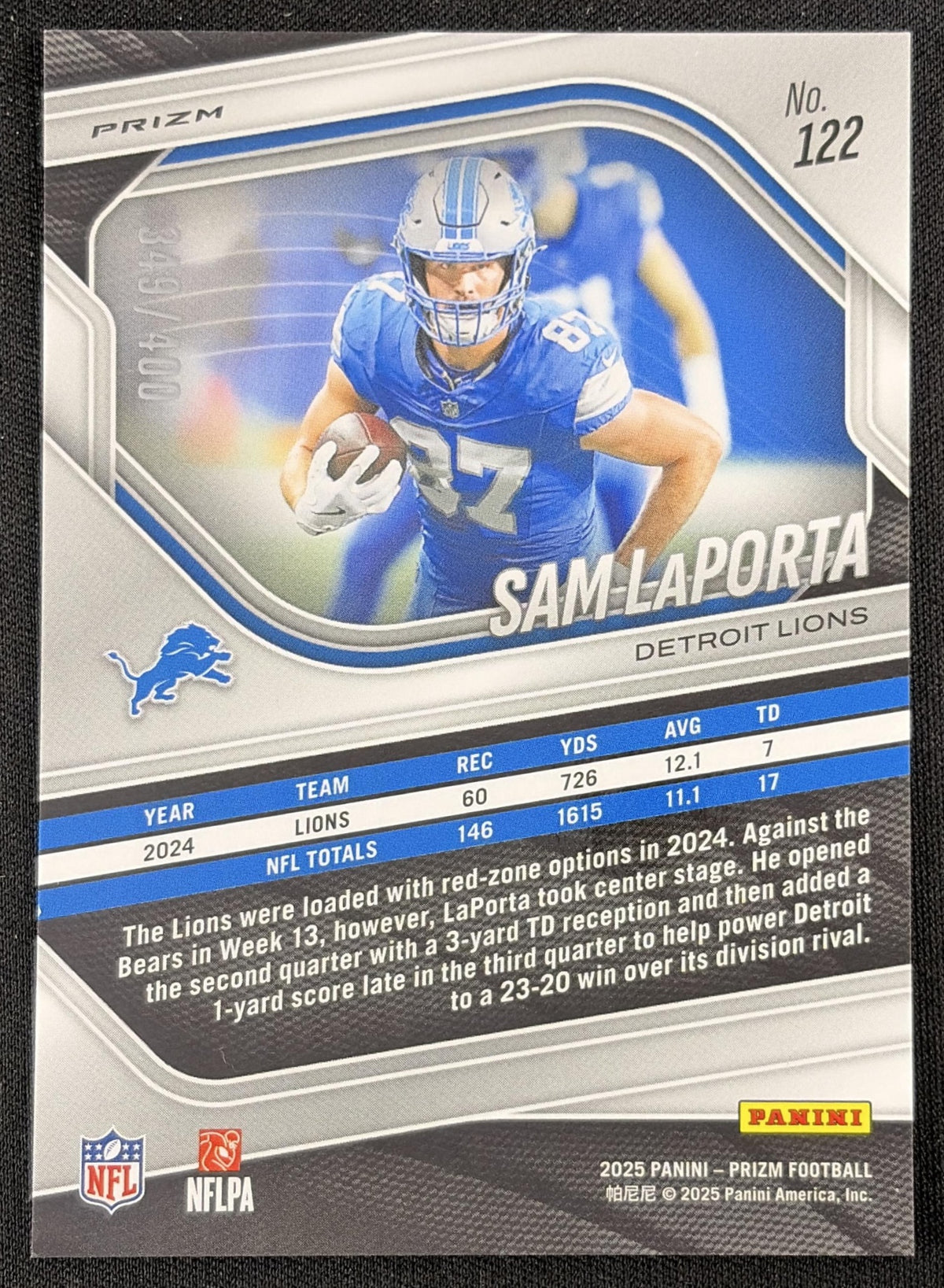 Sam LaPorta 2025 Panini Prizm Pandora /400 Lions