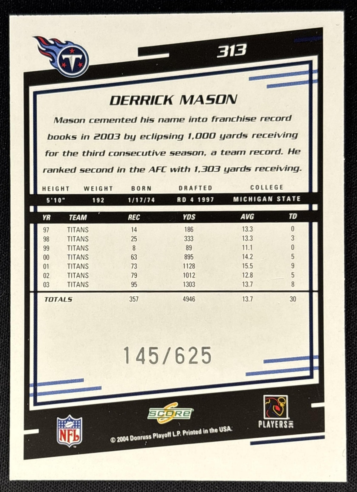 Derrick Mason 2004 Score Scorecard /625 Sports Trading Cards