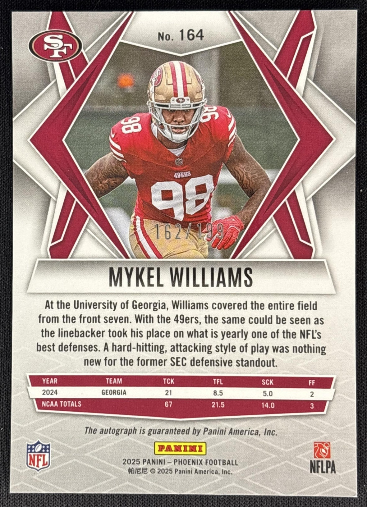 Mykel Williams 2025 Panini Phoenix Rookies Auto /199 49ers back
