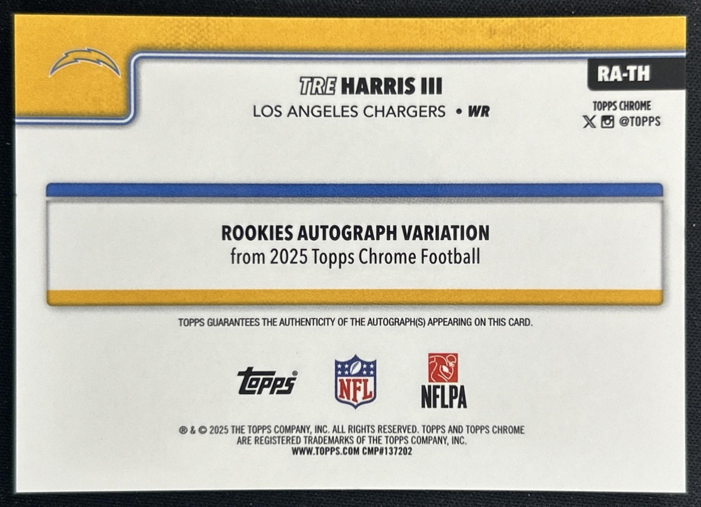 Tre Harris III 2025 Chrome Sapphire Rookie Auto Orange Refractor /25 Chargers back
