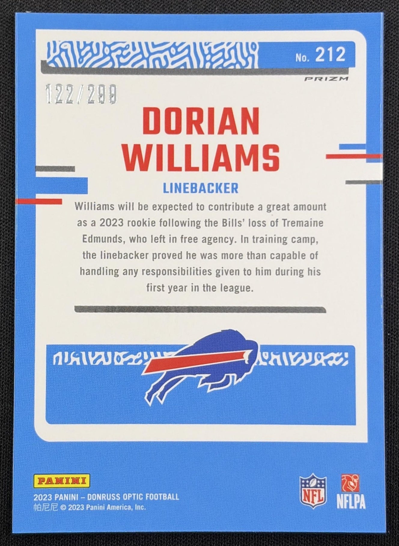 Dorian Williams 2023 Panini Donruss Optic Aqua Prizm /299 Bills