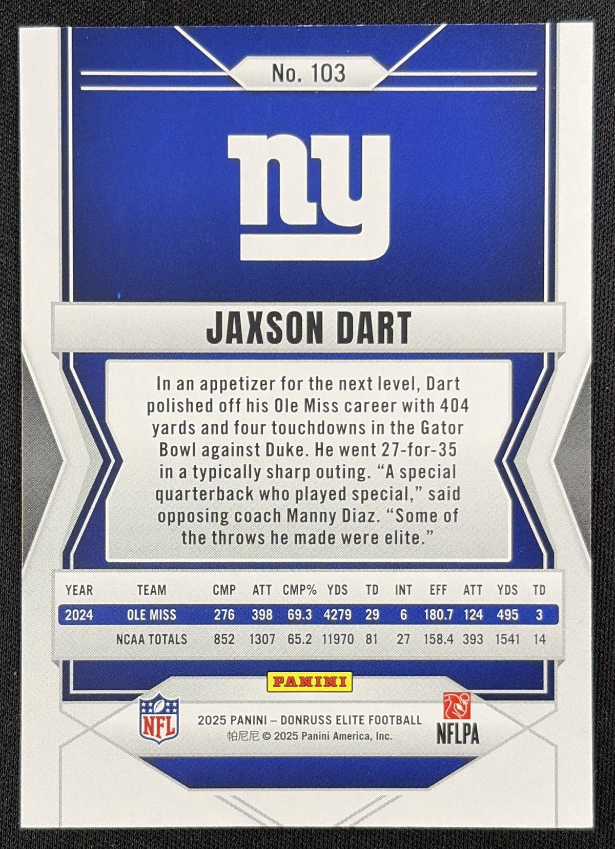 Jaxson Dart 2025 Panini Donruss Elite Rookies Blue /75 Giants