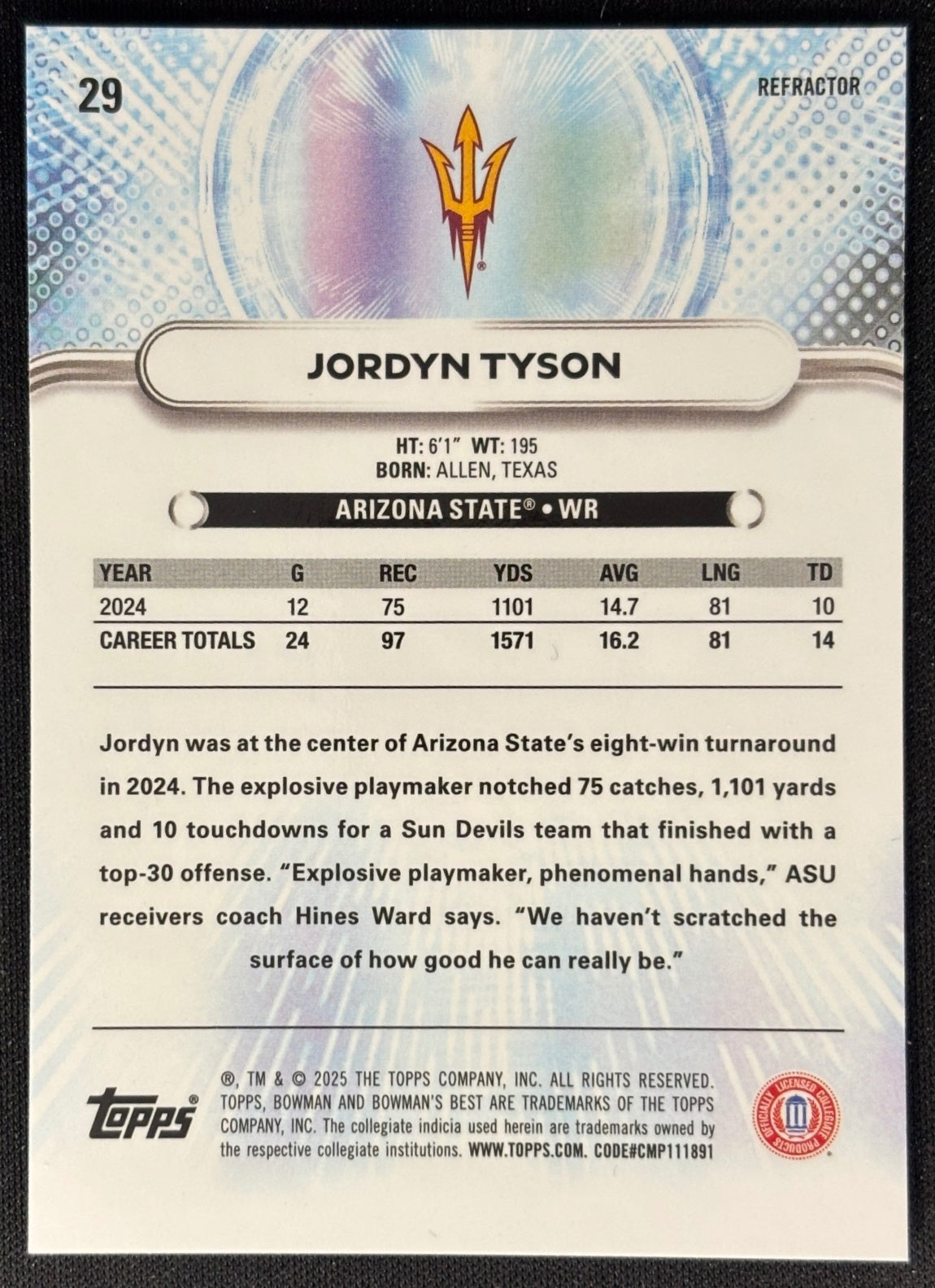 Back of Jordyn Tyson 2025 Best University Refractor Sun Devils