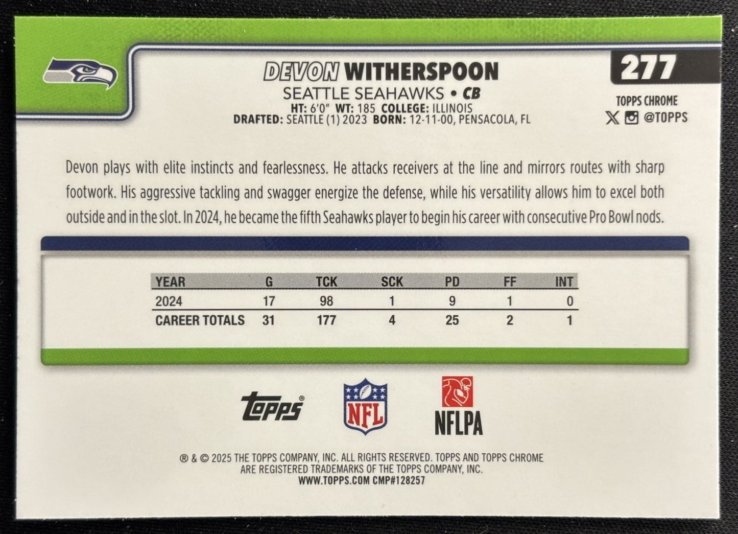 Devon Witherspoon 2025 Topps Chrome Seahawks Sports Trading Cards