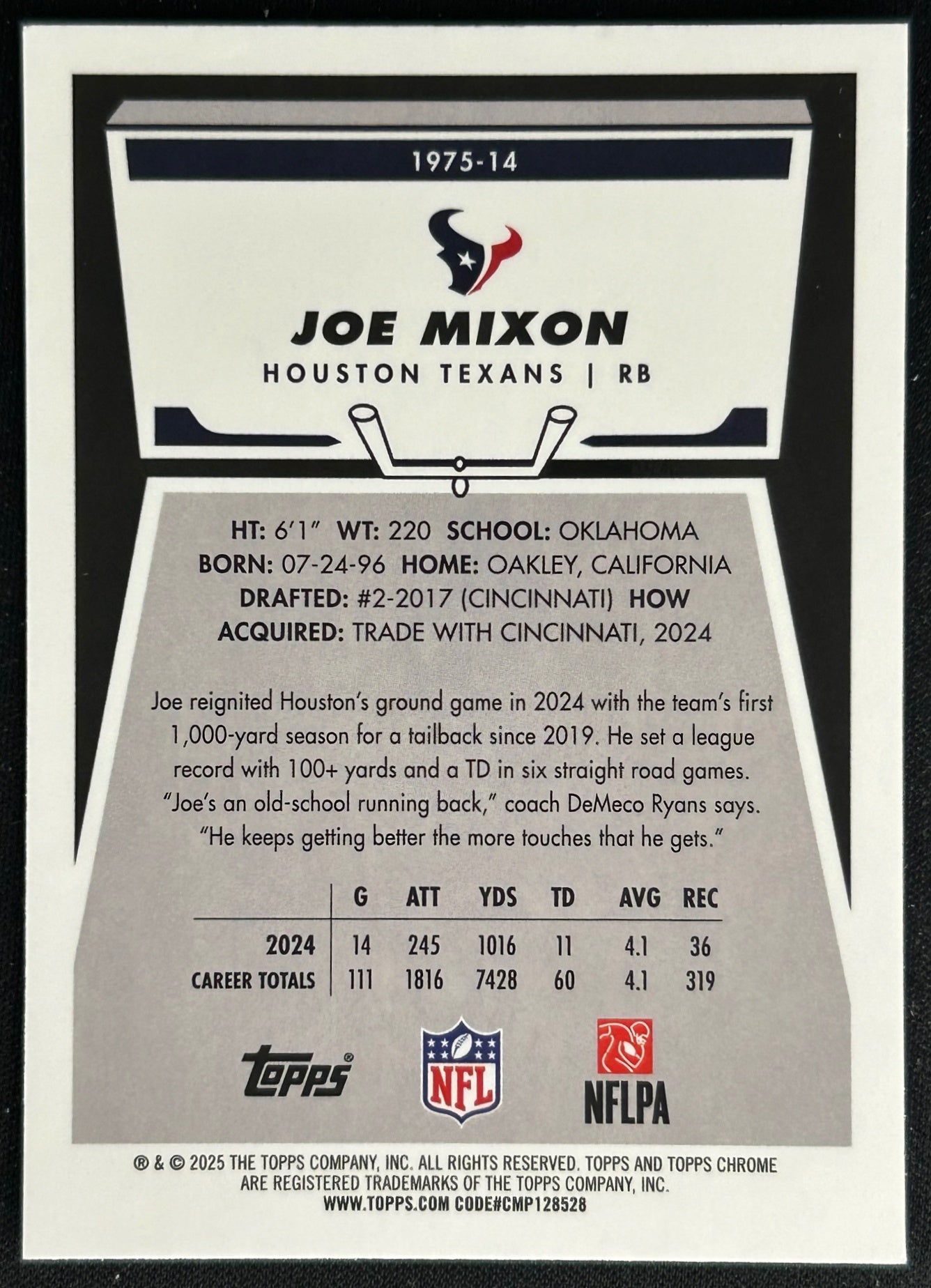 Joe Mixon 2025 Topps Chrome 1975 Texans Sports Trading Cards