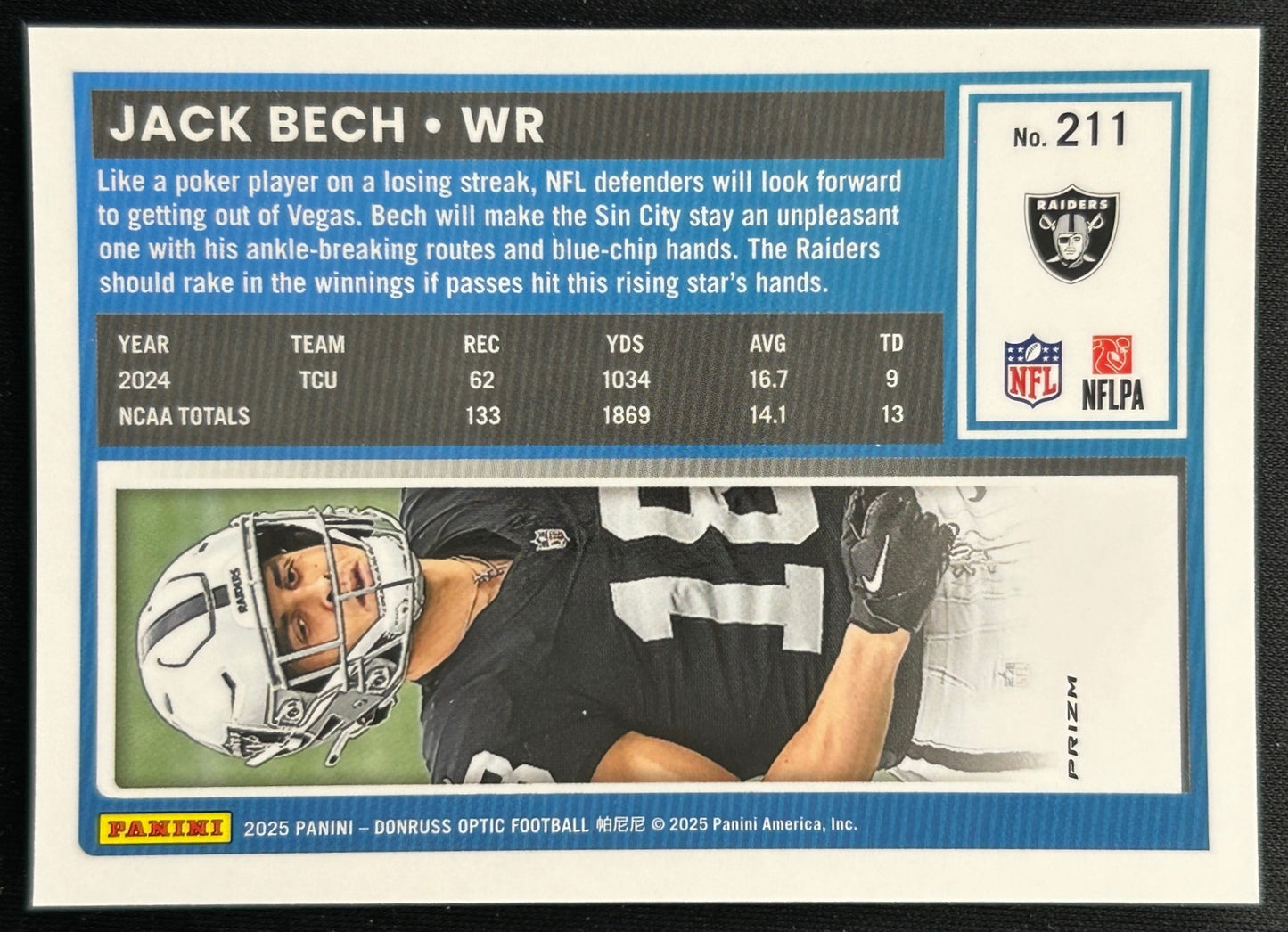 Jack Bech 2025 Donruss Optic Rated Rookie Blue Hyper Prizm Raiders Sports Trading Cards