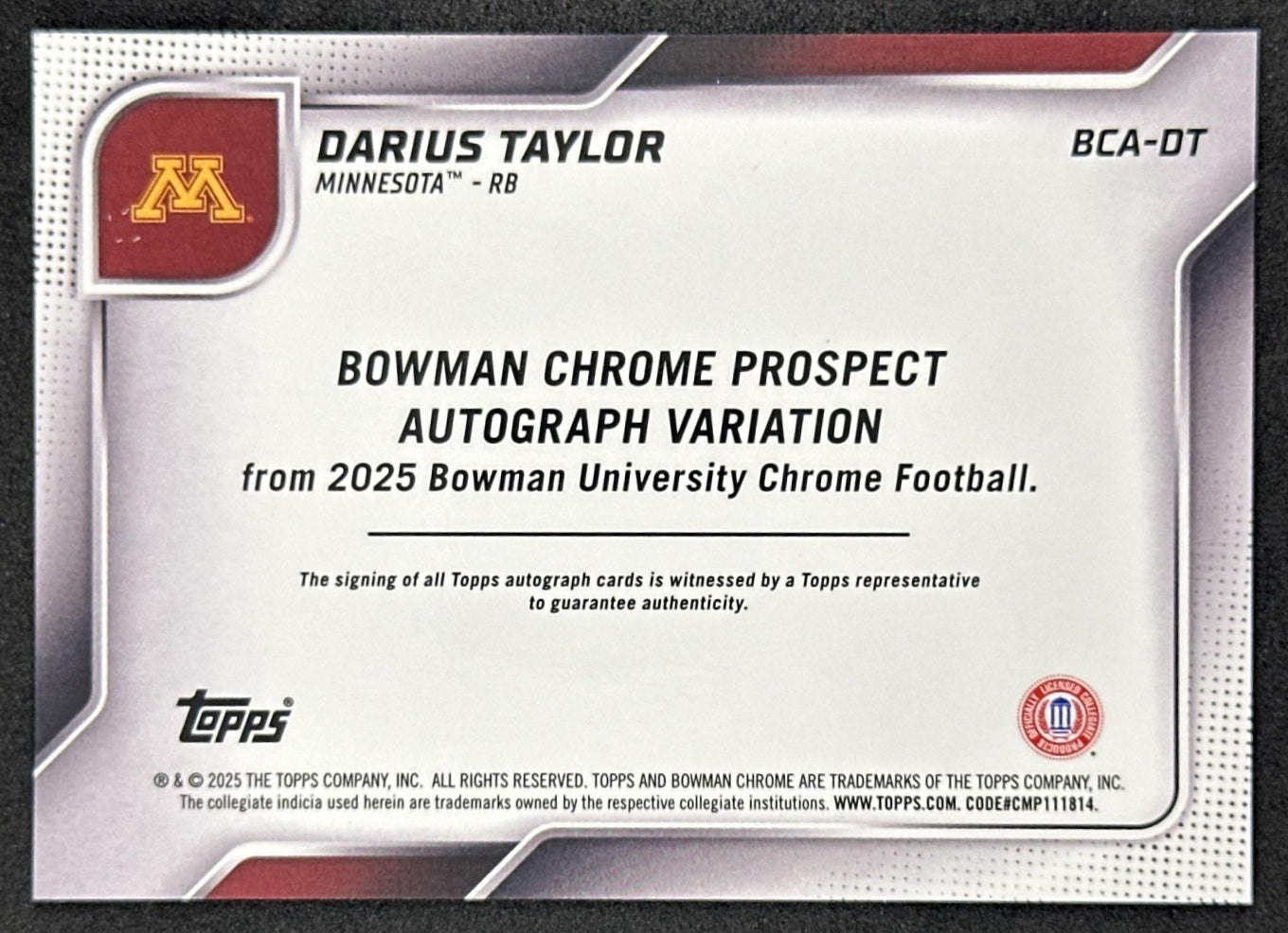Darius Taylor 2025 Chrome University Prospect Auto Blue Refractor /150 Golden Gophers Sports Trading Cards