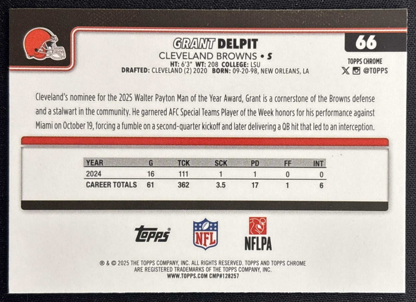 Grant Delpit 2025 Topps Chrome Pink Wave Refractor /250 Browns back
