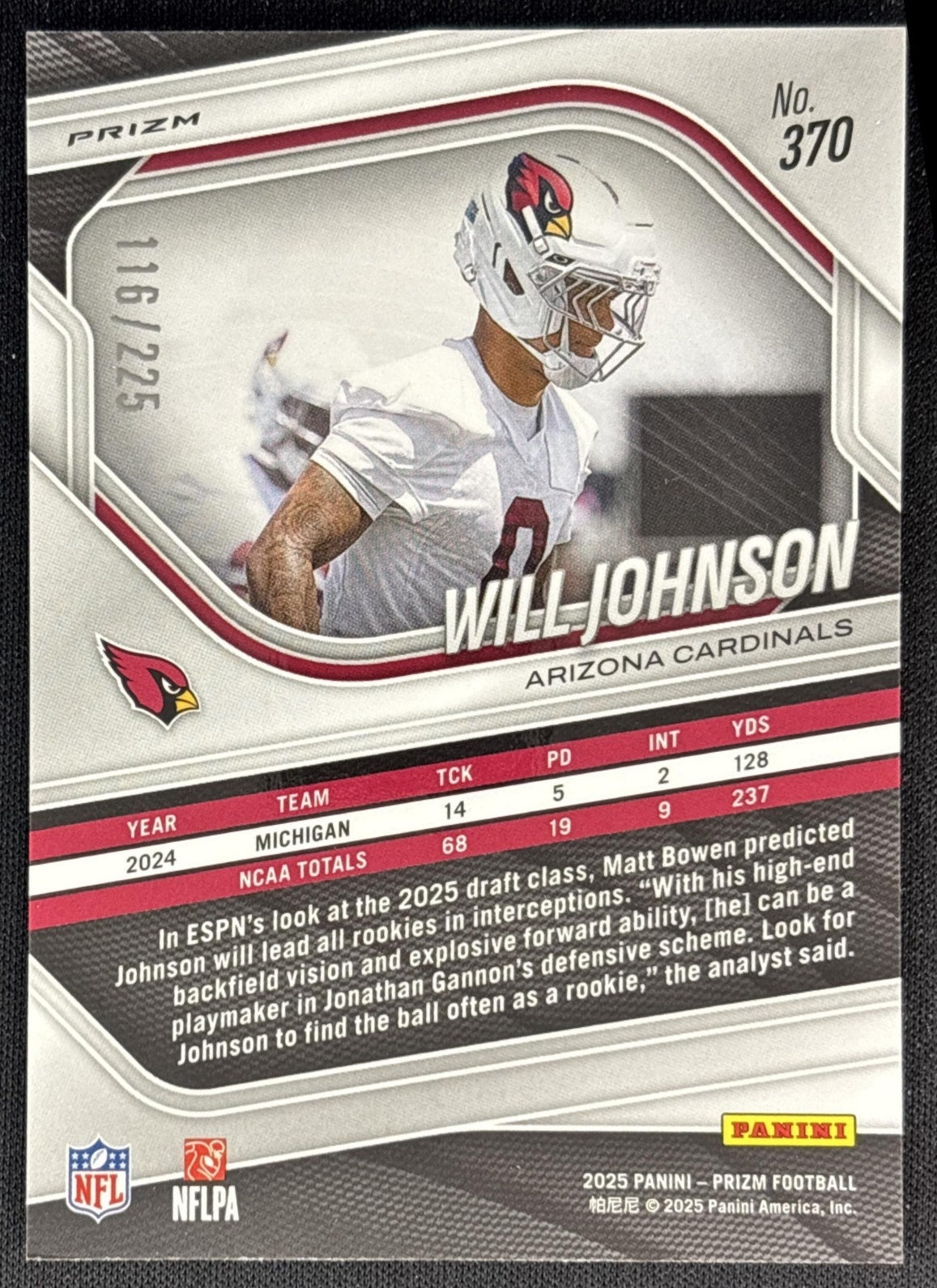 Will Johnson 2025 Panini Prizm Purple Ice /225 Cardinals