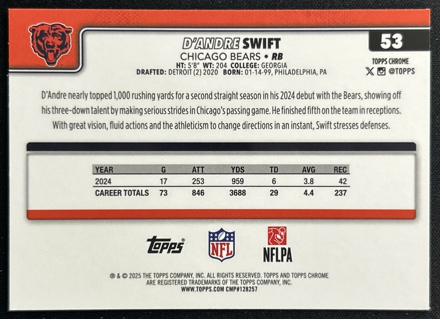 D'Andre Swift 2025 Topps Chrome Bears
