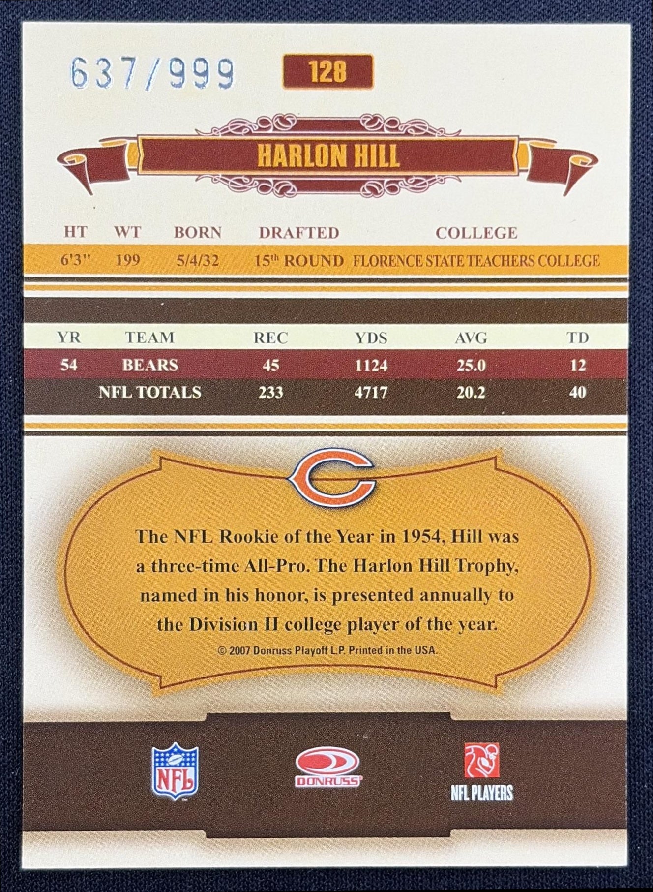 Harlon Hill 2007 Donruss Classics /999 Bears back