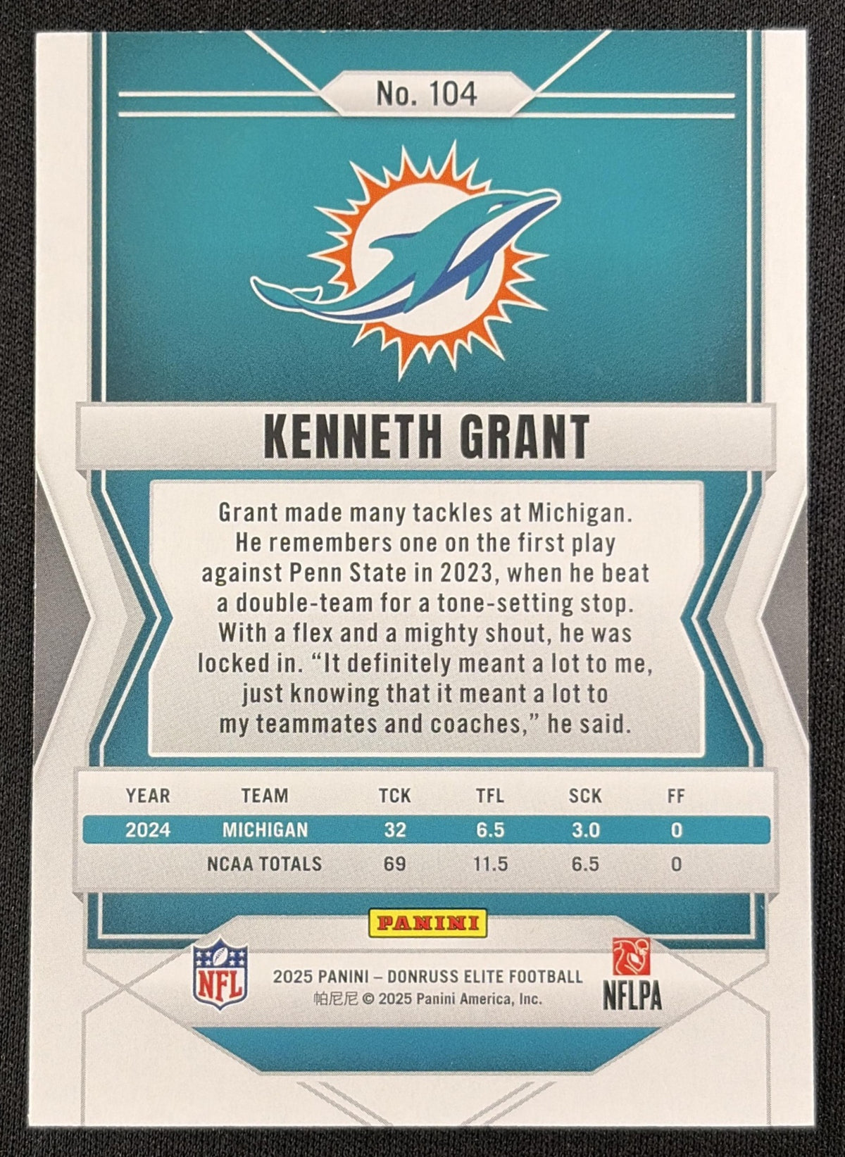 Kenneth Grant 2025 Panini Donruss Elite Rookies Orange /199 Dolphins