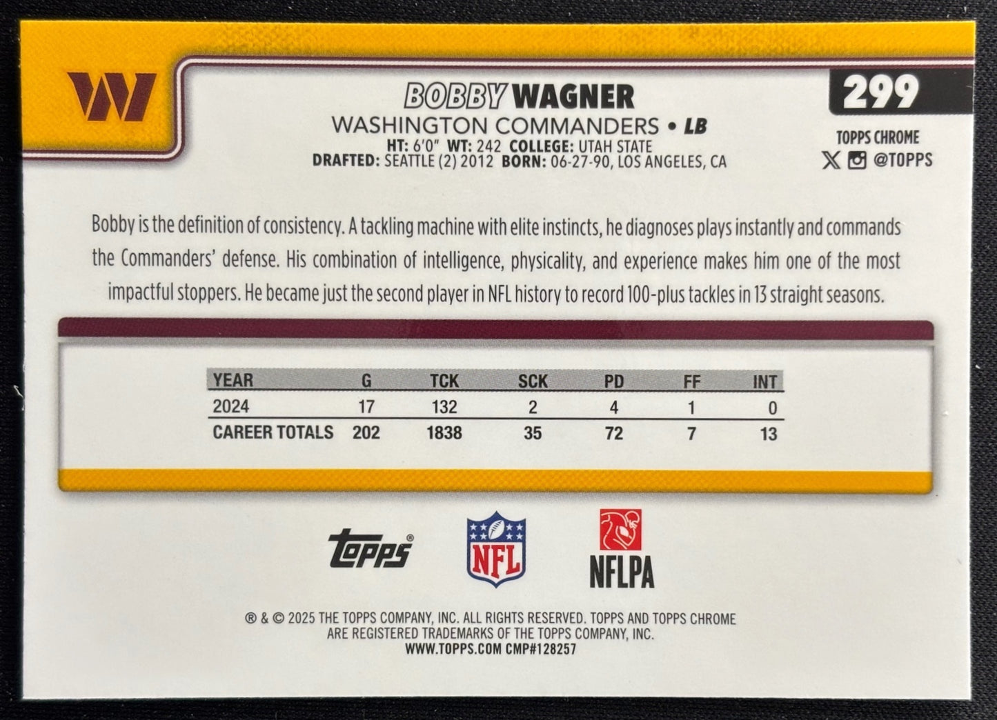 Bobby Wagner 2025 Topps Chrome Commanders Sports Trading Cards