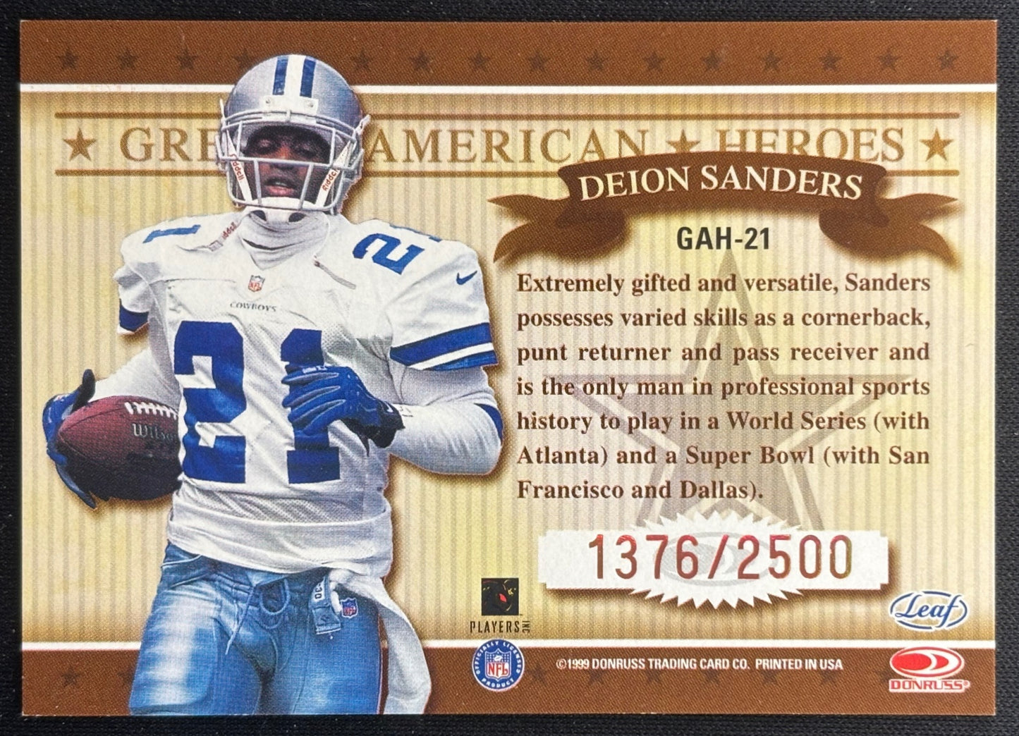 Deion Sanders 1999 Leaf Rookies & Stars Great American Heroes /2500 Cowboys Sports Trading Cards