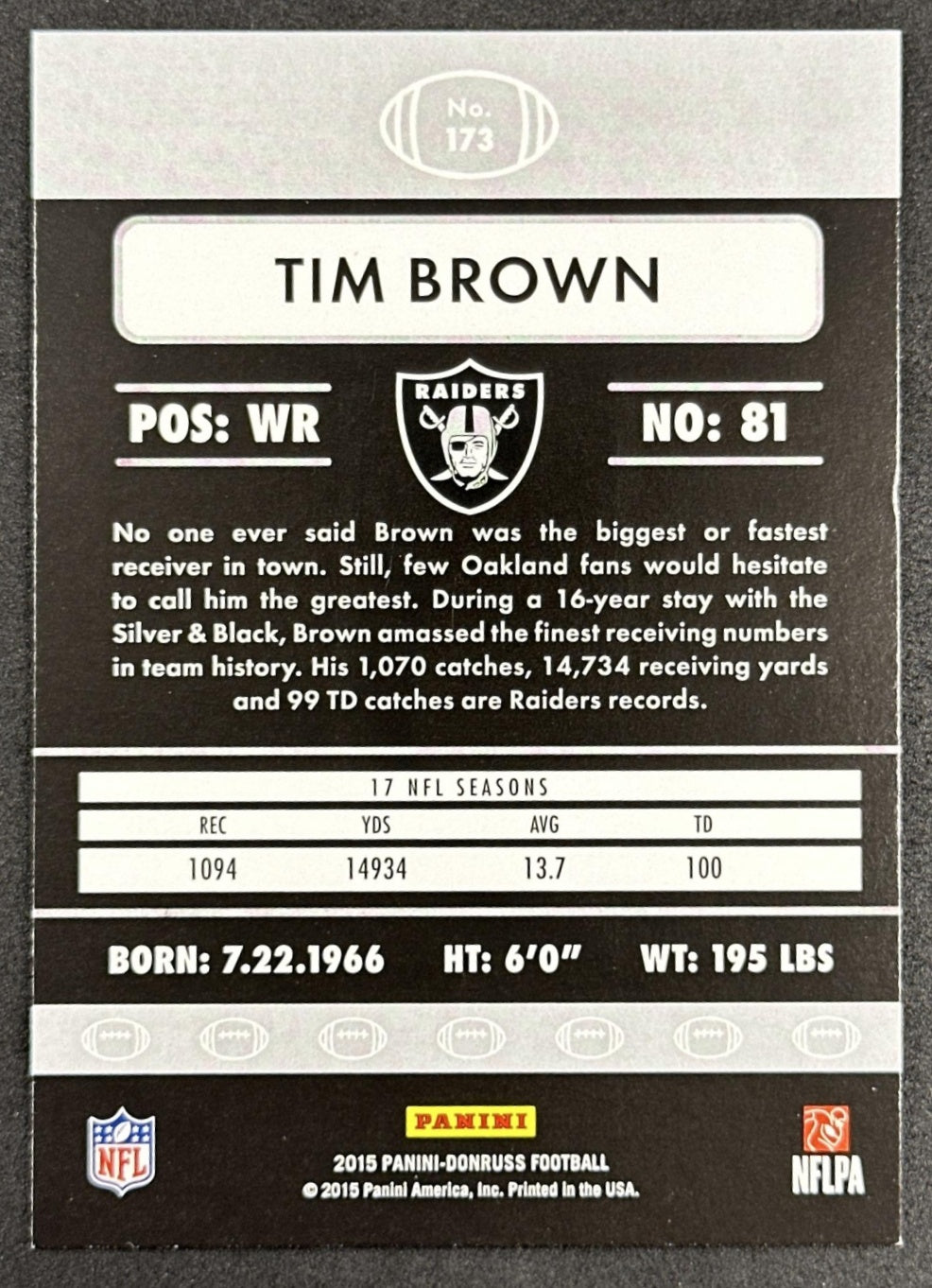 Tim Brown 2015 Panini Donruss Raiders Oakland Raiders Sports Trading Card