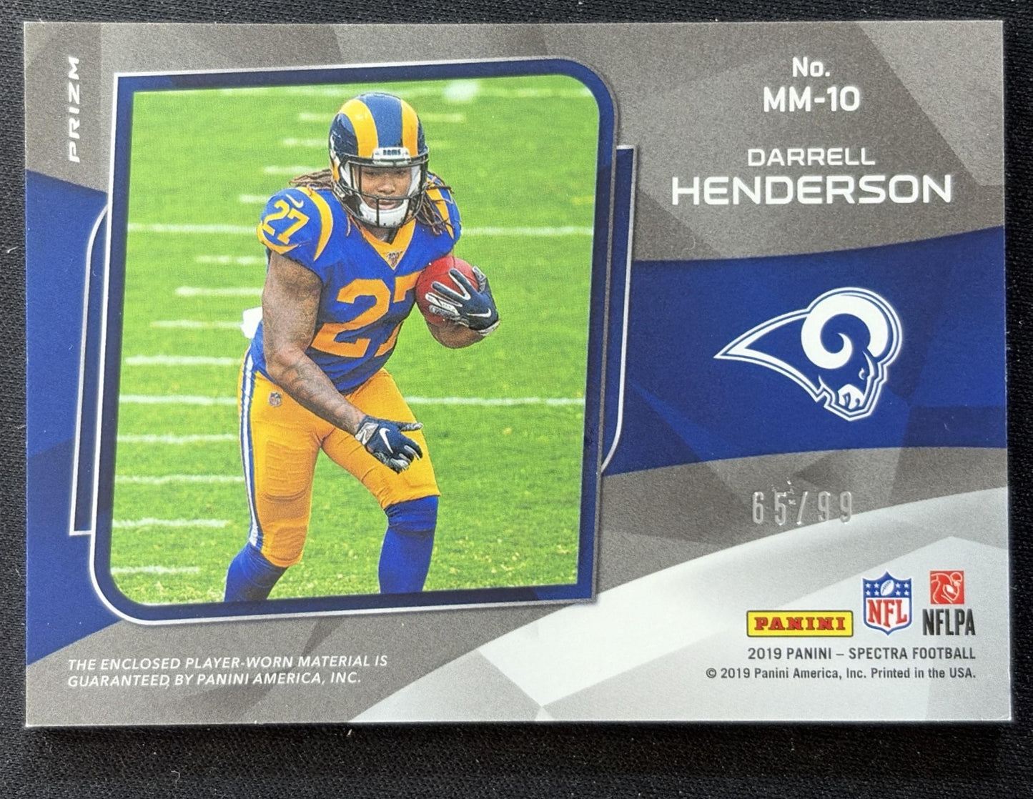 Darrell Henderson 2019 Panini Spectra Monumental Memorabilia Neon Blue /99 Rams Sports Trading Cards