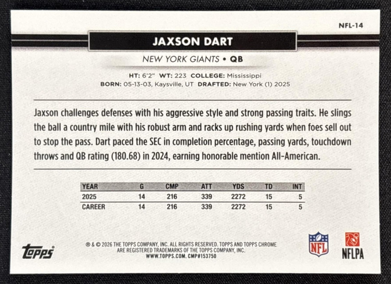 Jaxson Dart 2026 Topps NSCC Collection NFL Giants Sports Trading Cards