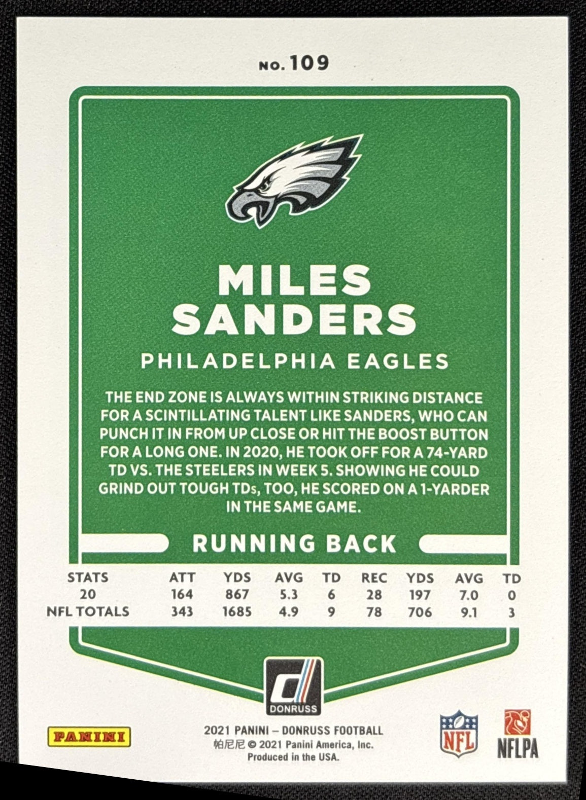 Miles Sanders 2021 Panini Donruss Press Proof Premium Eagles