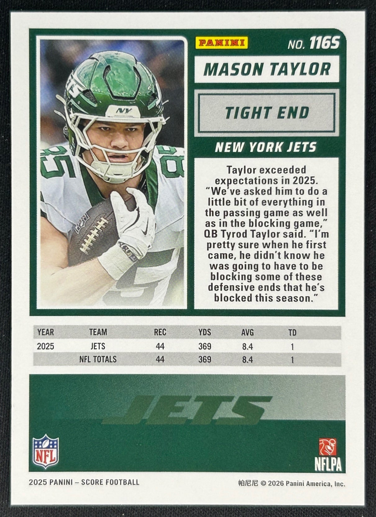 Mason Taylor 2025 Score Purple Rookie Jets - Back