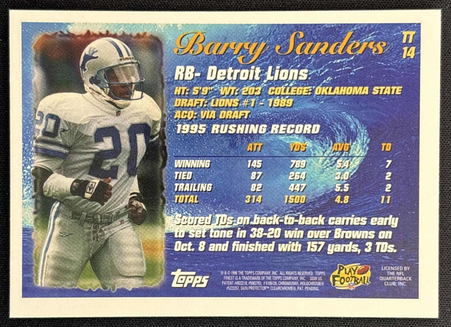 Barry Sanders 1996 Topps Chrome Tide Turners Lions back