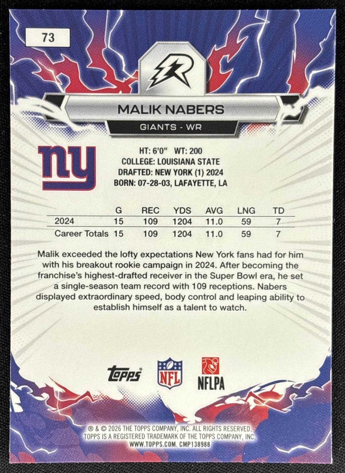 Malik Nabers 2025 Topps Resurgence Blue and Orange Spark Refractor Giants
