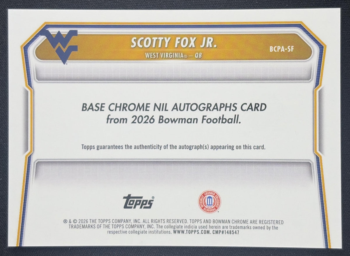 Scotty Fox Jr. 2026 Bowman Chrome Prospect Auto Mojo Refractor Mountaineers Sports Trading Card