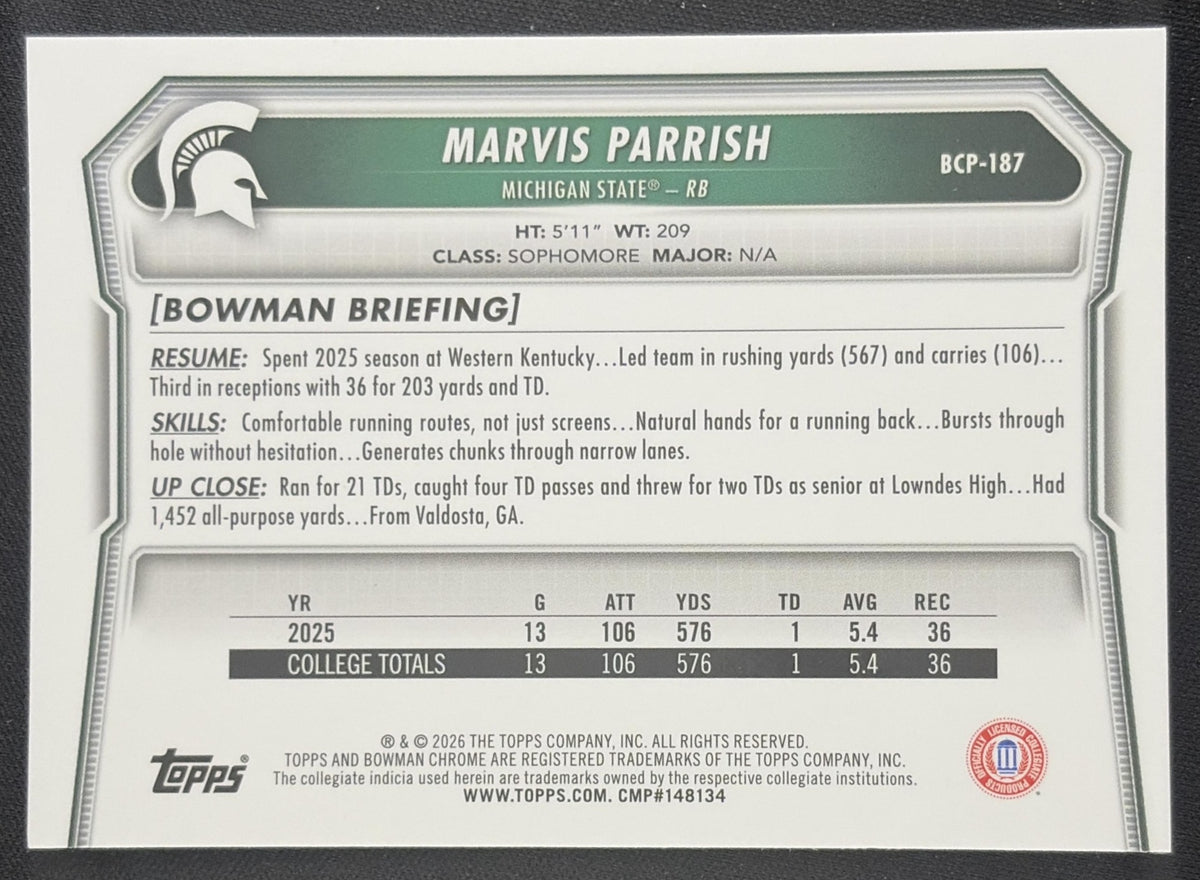 Marvis Parrish 2026 Bowman Chrome Prospects Mojo Refractor Spartans