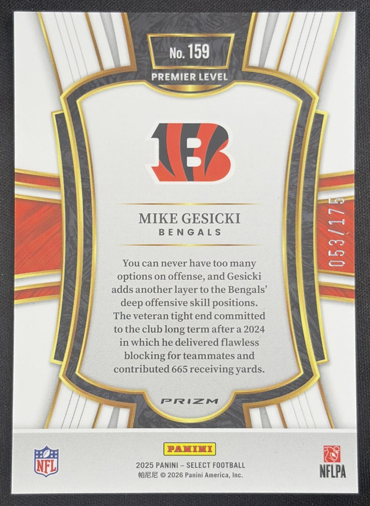 Mike Gesicki 2025 Panini Select Premier Level Blue Prizm /175 Bengals