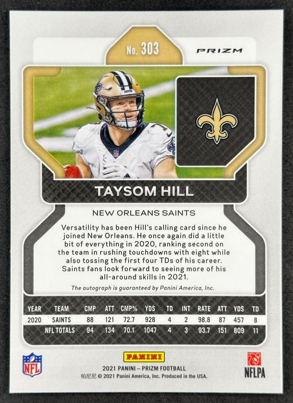 Back of Taysom Hill 2021 Prizm Auto Silver Saints sports trading card
