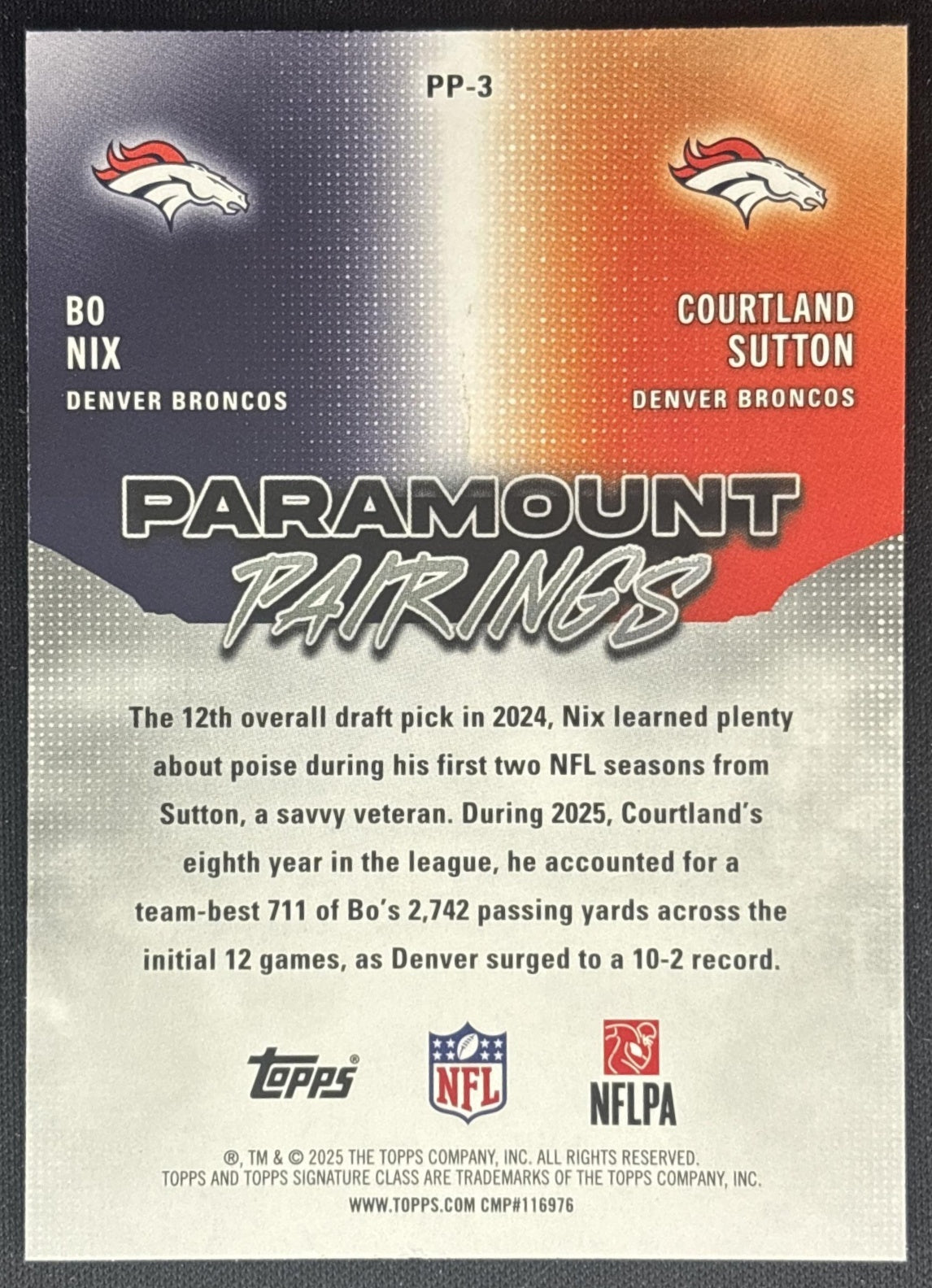 Courtland Sutton Bo Nix 2025 Topps Signature Class Paramount Pairings Broncos back