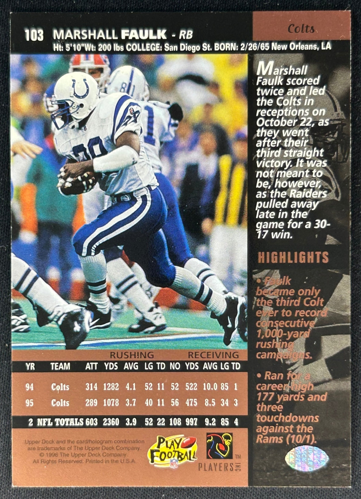 Marshall Faulk 1996 Colts
