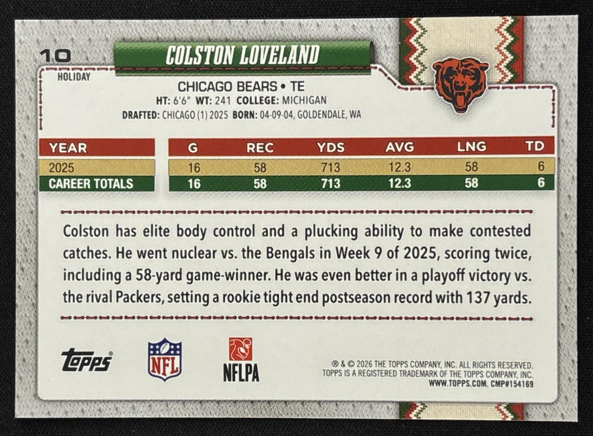 Colston Loveland 2026 Topps Holiday Back Variation Bears