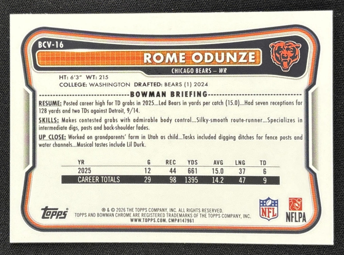 Rome Odunze 2026 Bowman NFL Aqua /199 Bears Sports Trading Card