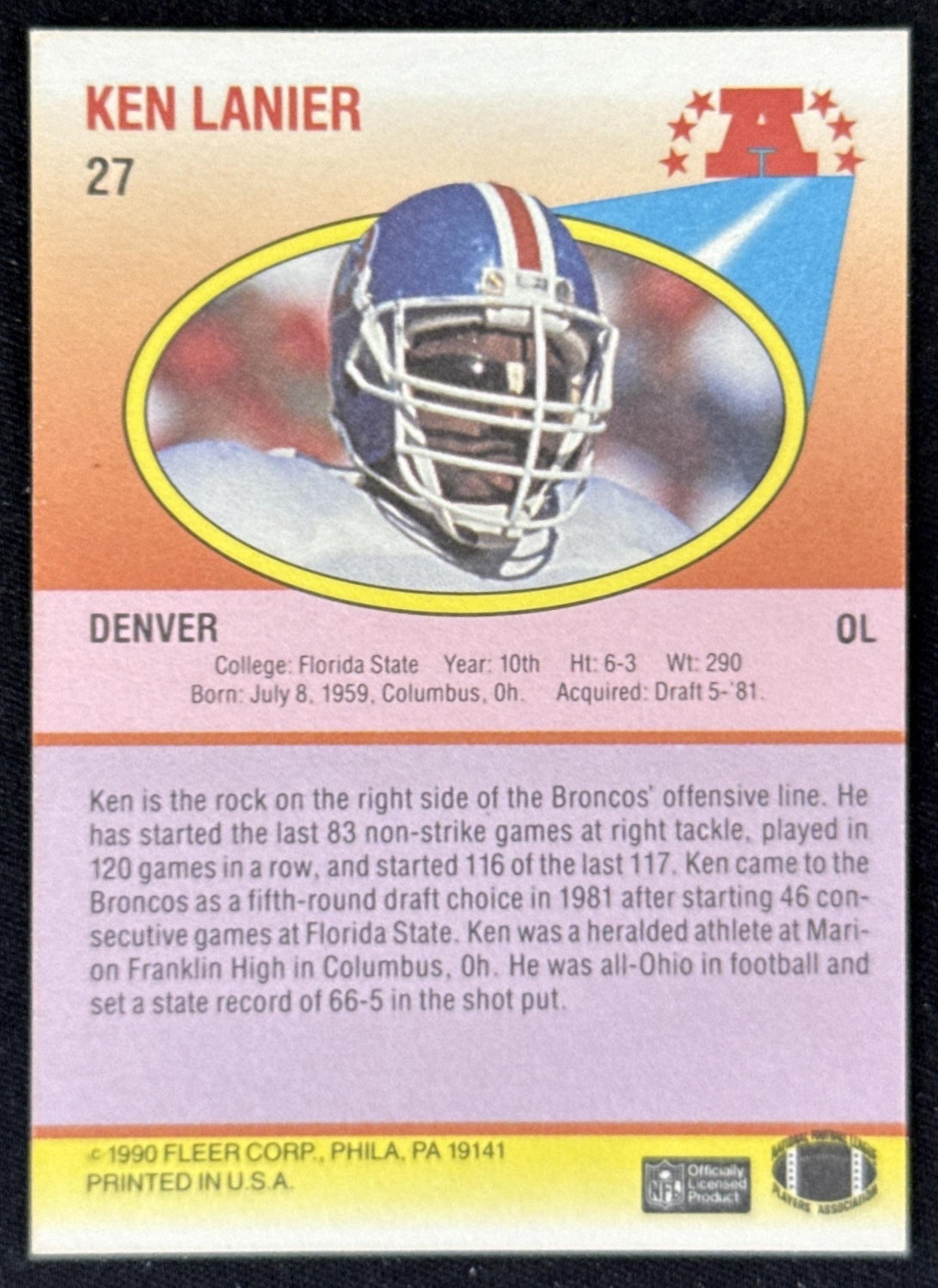 Ken Lanier 1990 Fleer Broncos Sports Trading Card