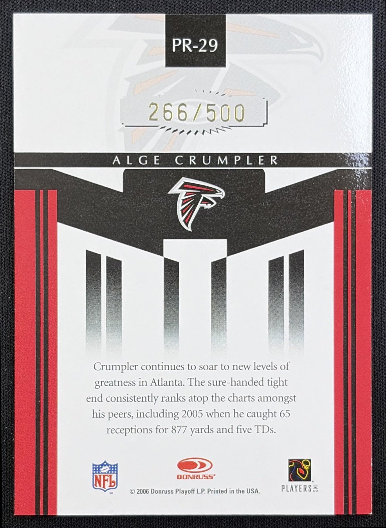 Alge Crumpler 2006 Donruss Gridiron Gear Performers Gold /500 Falcons